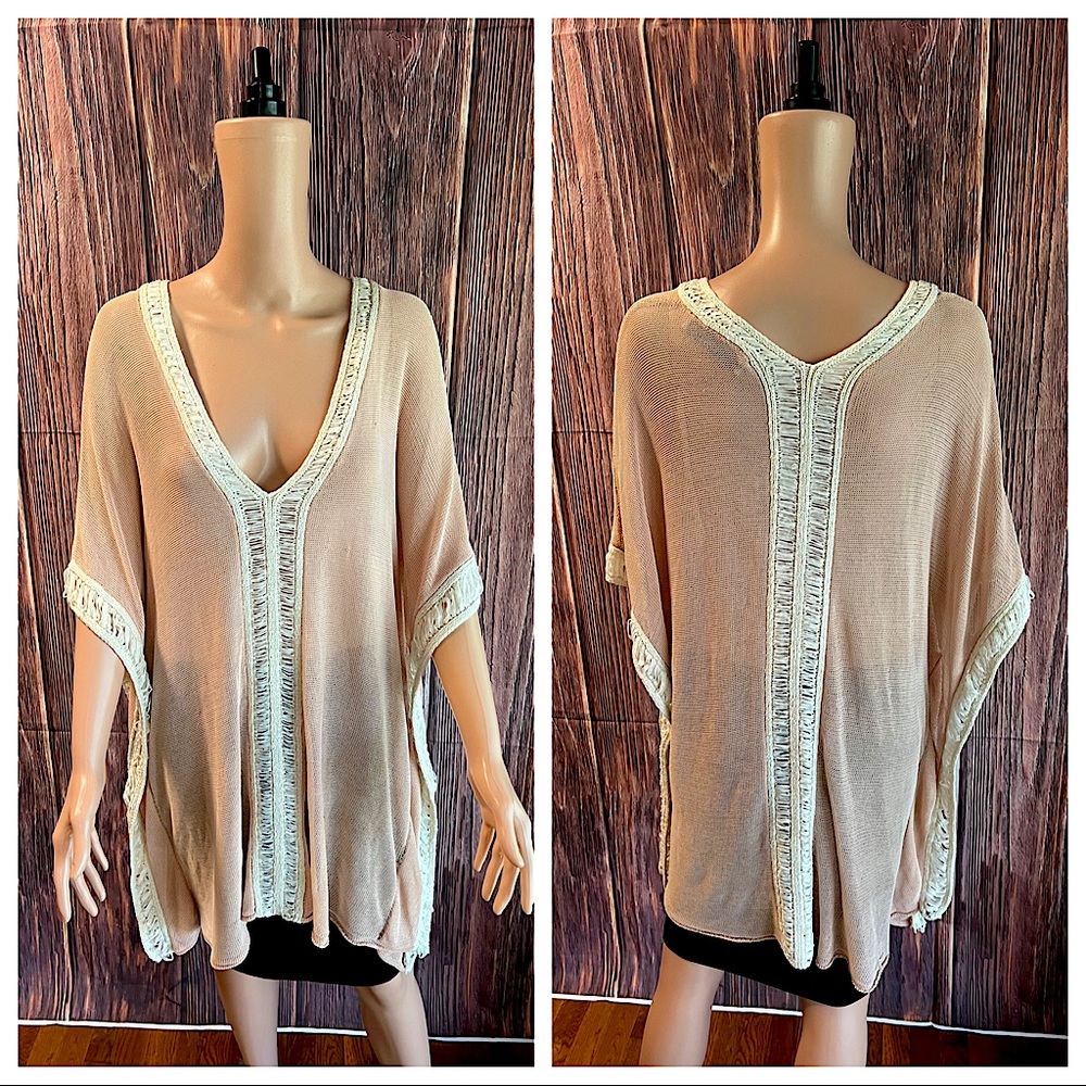 Zara woman size medium light pink & cream sheer boho knit lace poncho